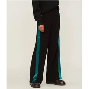 Maje Parmane black crepe trousers with a green satin side stripe wide leg small